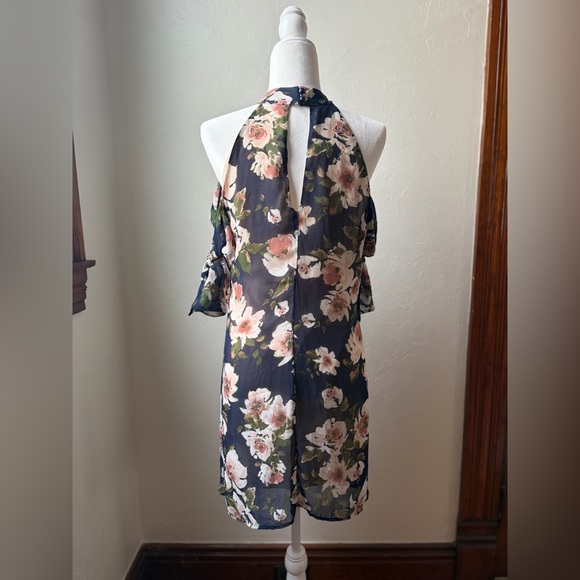Maurices Floral Cold Shoulder Halter Dress Navy/Pink Tie Sleeve Size M - Picture 8 of 13